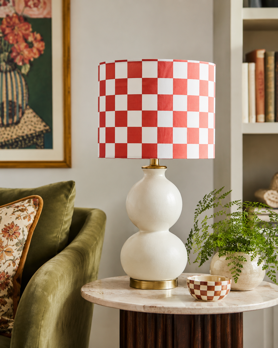 Abat-jour en tissu damier rouge et blanc - Guinguette