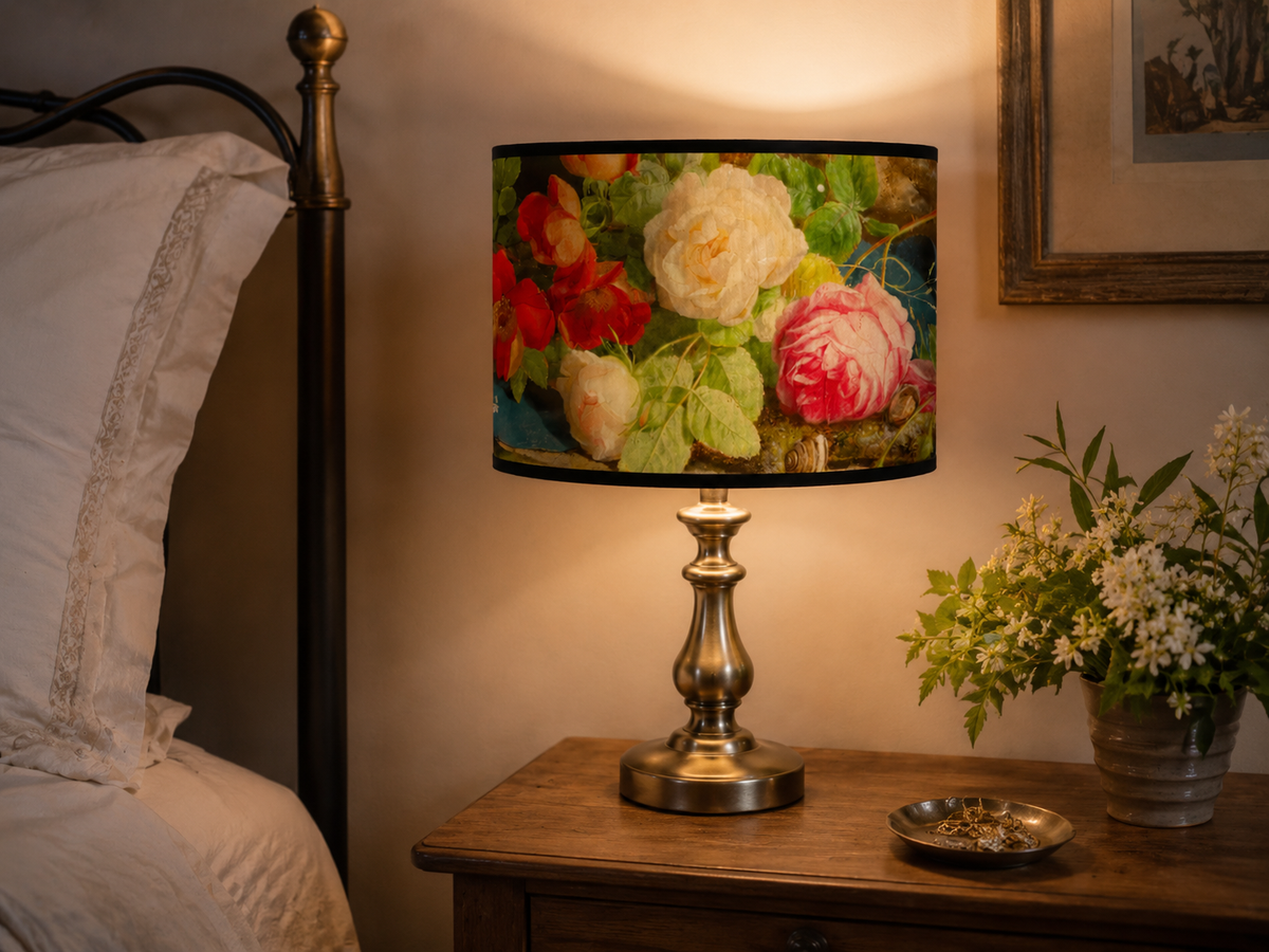 Abat-jour floral roses fond bleu - Bouquet