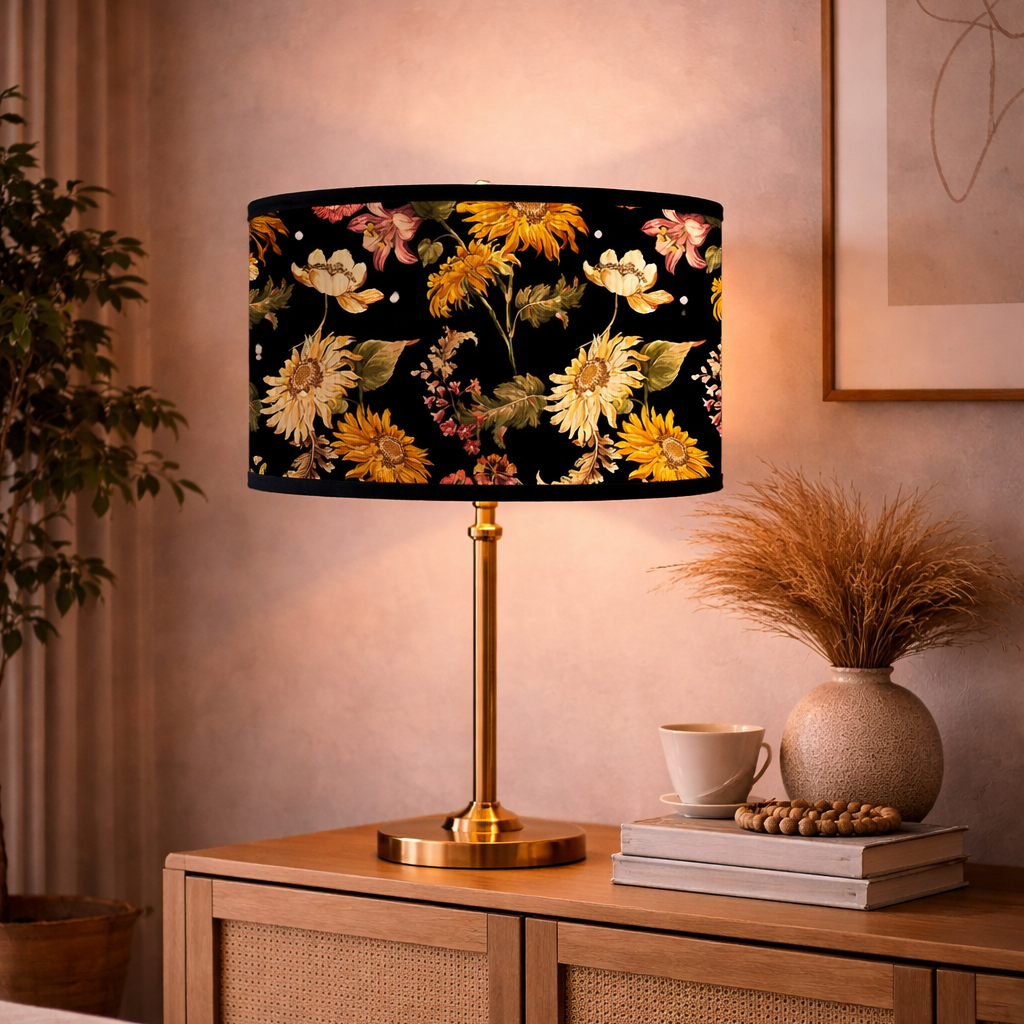 Abat-jour Floral Noir–Motif Tournesols Vintage