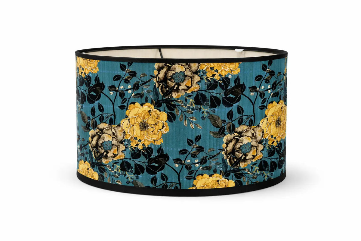 Abat-jour floral bleu canard motif fleurs vintage - vue de face