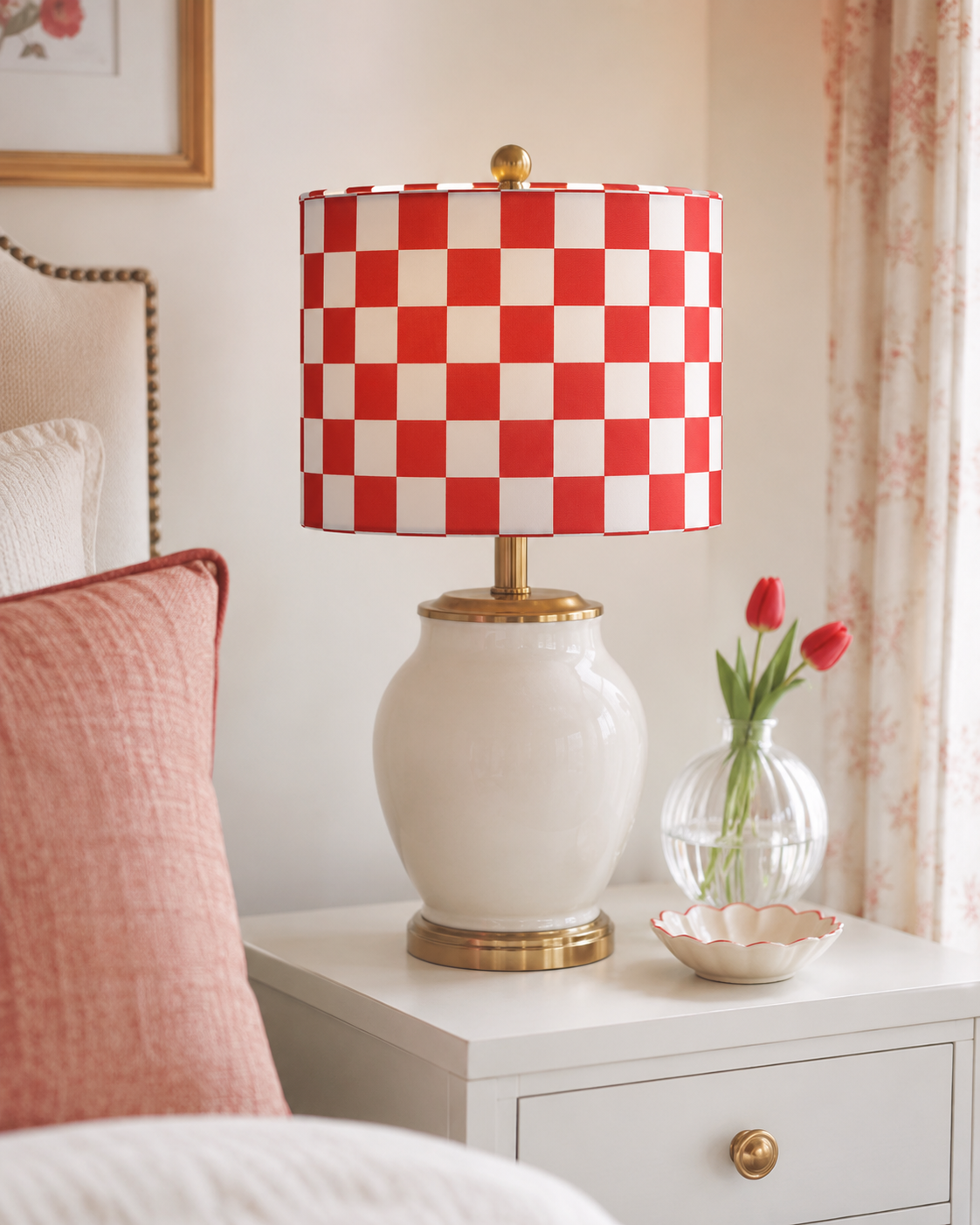 Abat-jour en tissu damier rouge et blanc - Guinguette