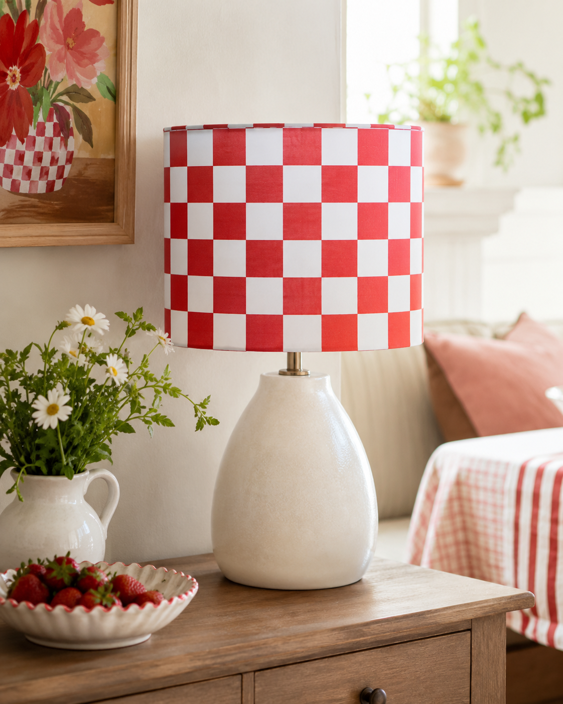 Abat-jour en tissu damier rouge et blanc - Guinguette